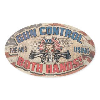 Gun Control Means Two Hands Retro Oval Sticker