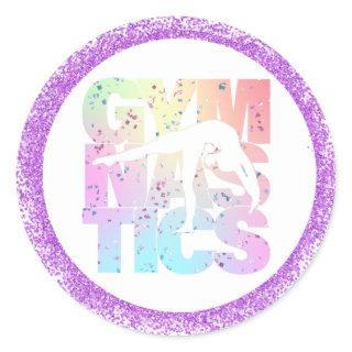 Gymnastics Confetti Letters with Purple Glitter  Classic Round Sticker