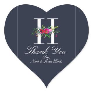H Monogram Last Initial Modern Blue Floral Wedding Heart Sticker