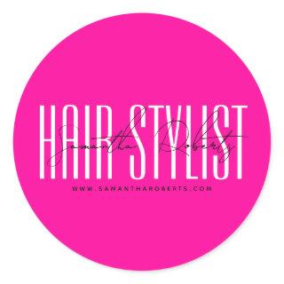 Hair stylist modern typography script neon pink classic round sticker