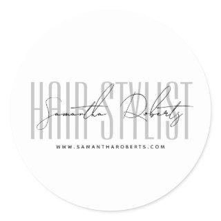 Hair stylist modern typography script white classic round sticker