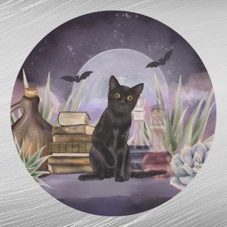 Halloween Black Cat Bat Books Bottles Foliage Classic Round Sticker