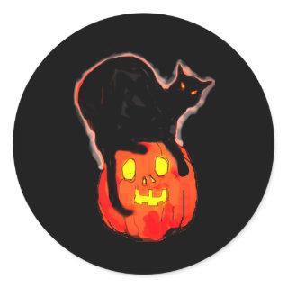 Halloween Black Cat on Glowing Orange  Pumpkin Classic Round Sticker