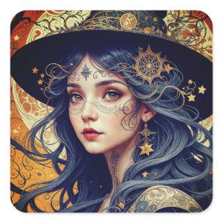 Halloween Blue-haired Tattooed Witch Square Sticker