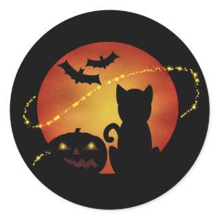 Halloween Cat Pumpkin and Bats Silhouette Scene Classic Round Sticker