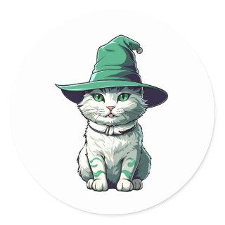 Halloween Cat with green hat Classic Round Sticker