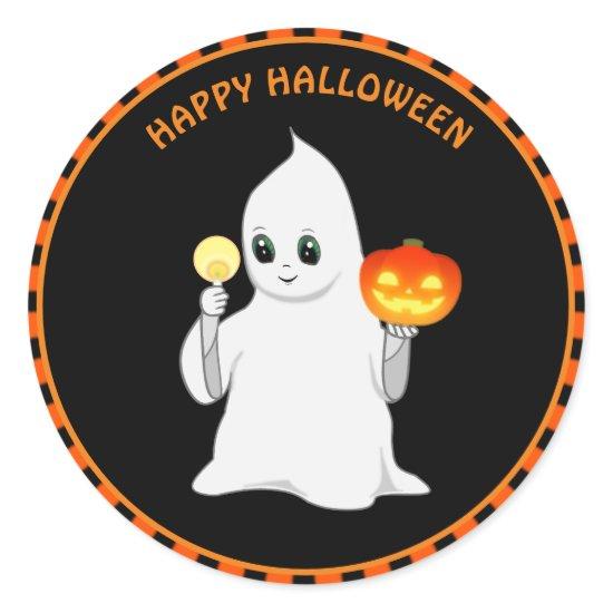 Halloween ghost and pumpkin classic round sticker