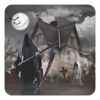 Halloween Grim Reaper Haunted House Square Sticker