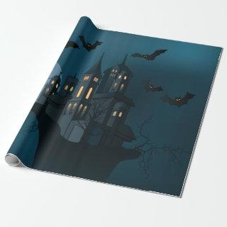 Halloween haunted house, dead tree, moon and bats