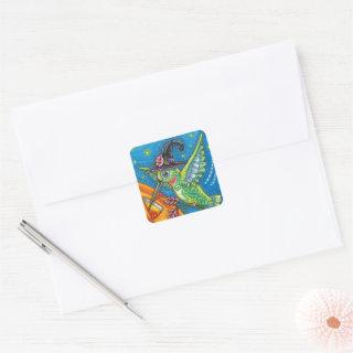 HALLOWEEN HUMMINGBIRD & JACK O LANTERN WHIMSY SQUARE STICKER