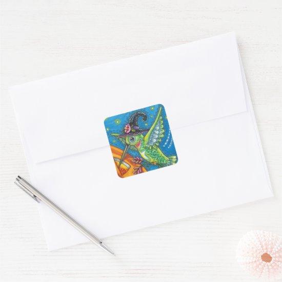 HALLOWEEN HUMMINGBIRD & JACK O LANTERN WHIMSY SQUARE STICKER