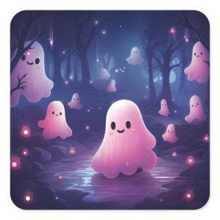 Halloween In The Forest Cute Pink Ghosts Square Sticker