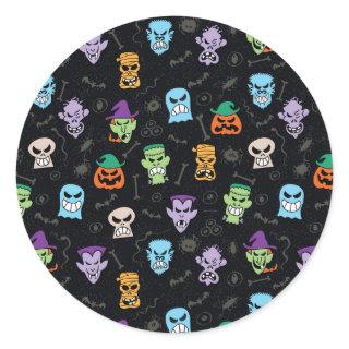 Halloween monsters making scary funny faces classic round sticker