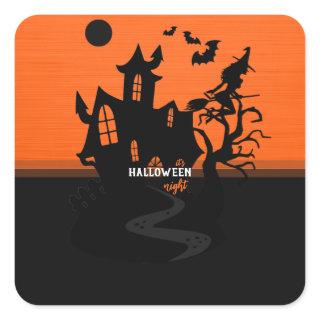 Halloween Night Witch and Bats Hunted House Square Sticker