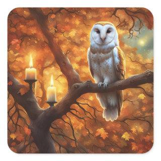 Halloween Owl in Fall Leaves Candles Square Sticker