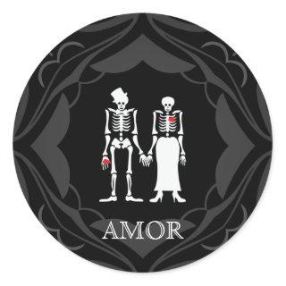 Halloween Skeleton Couple Bride & Groom Classic Round Sticker