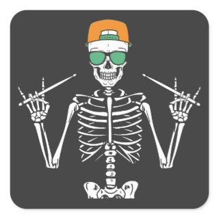 Halloween Skeleton Rock Hand Playing Drums Square Sticker