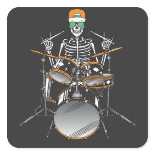 Halloween Skeleton Rock Hand Playing Drums Square Sticker