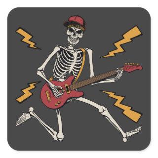 Halloween Skeleton Rock Hand Playing Guitar Square Sticker