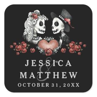 Halloween Skeletons Black & White Names Wedding Square Sticker