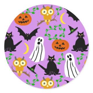 Halloween Theme Collage Toss Pattern Purple Classic Round Sticker