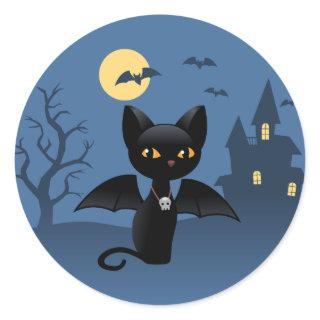 Halloween Vampire Black Cat with Wings Classic Round Sticker