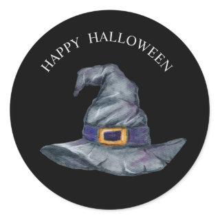 Halloween watercolour witches hat classic round sticker
