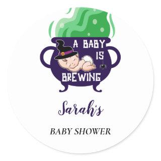 Halloween Witch Baby Shower, Custom name Classic Round Sticker