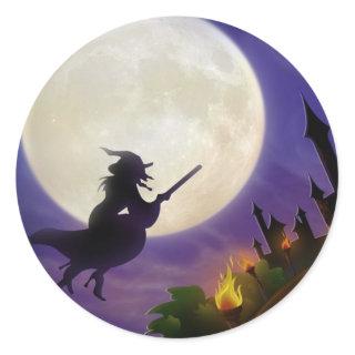 Halloween Witch Full Moon Classic Round Sticker