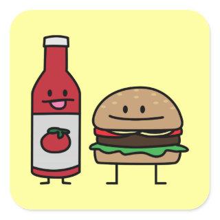 Hamburger and Ketchup fast food buddies bun patty Square Sticker