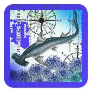 Hammerhead Shark Nautical Collage Underwater Blue Square Sticker