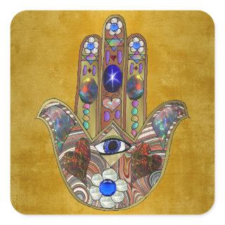 Hamsa Hearts Flowers Opal Art on Gold Square Sticker