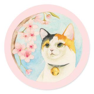 Hanami | Cute Calico Cat and Flowers Watercolor Classic Round Sticker