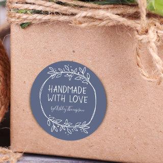 Hand Drawn Handmade With Love Personalized Blue Classic Round Sticker