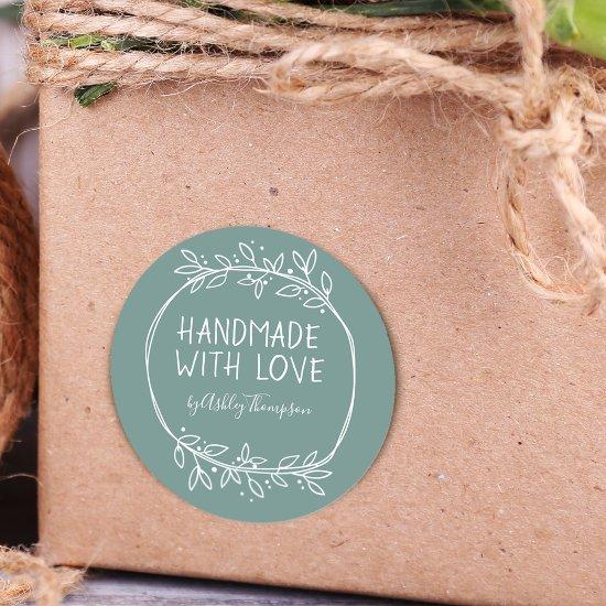 Hand Drawn Handmade With Love Personalized Teal Classic Round Sticker
