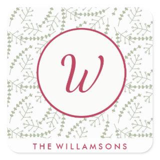 Hand-drawn Holiday Branches Red Monogram Square Sticker