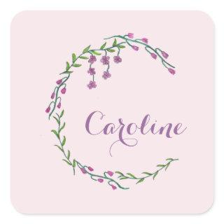 Hand Drawn Letter C Initial Monogram Vines Flowers Square Sticker