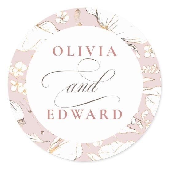 Hand-drawn Wildflowers Elegant Gold Wedding Classic Round Sticker