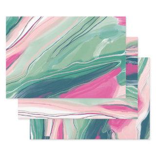 Hand painted abstract painting marbled green pink  sheets