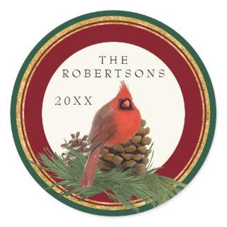 Hand Painted Cardinal Pine Cone Personalized Names Classic Round Sticker