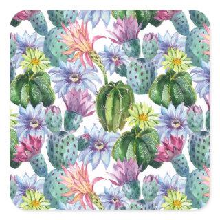 Hand Painted Watercolor Cactus Pattern Square Sticker