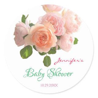 Hand Script Baby Shower Template Flowers Floral Classic Round Sticker