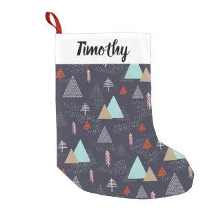 Handdrawn Evergreen Pine Trees in Snow at Night Small Christmas Stocking