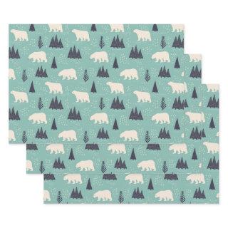 Handdrawn Polar Bears Evergreen Trees in the Snow  Sheets