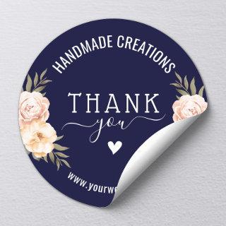 Handmade Business Thank You Elegant Floral Navy Classic Round Sticker