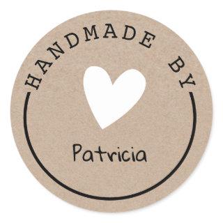 Handmade By Custom Name Rustic Kraft Classic Round Sticker