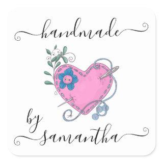 Handmade by Custom Name Stitched Heart and Buttons Square Sticker