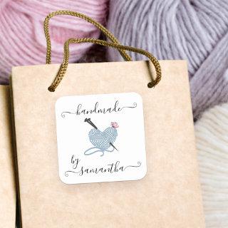 Handmade by Custom Name Yarn Heart and Butterfly Square Sticker