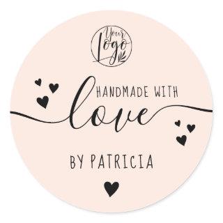 Handmade love script logo hearts pastel blush pink classic round sticker