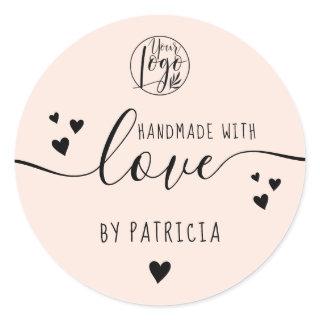 Handmade love script logo hearts pastel blush pink classic round sticker